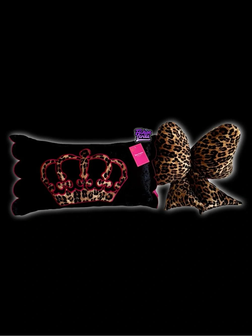 Juicy Couture Large Velvet Leopard Goth Crown & Matching Bow Pillow 2 Bundle Set